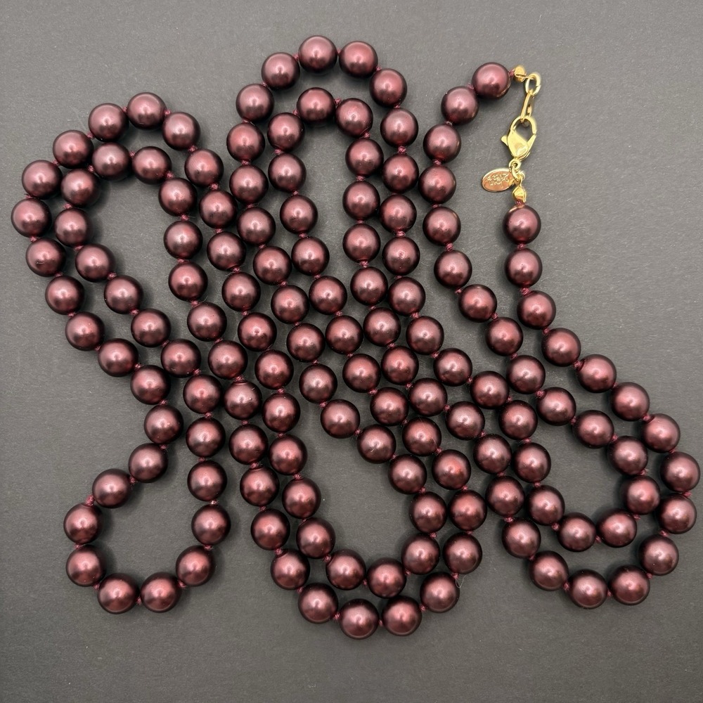 Vintage Joan Rivers Red Purple Metallic Glass Faux Pearl Necklace Knotted Long